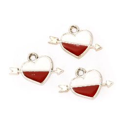 Pendant CCB heart with arrow 22x34x3 mm hole 3 mm white-red -5 pieces