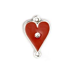 Painted CCB Connector Bead with Crystal / Heart, 25x16x4 mm, Hole: 2 mm, Red -5 pieces