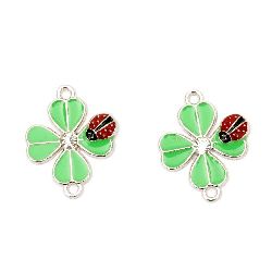 Element metalic de legătură cu trifoiul de cristal verde și cu ladybug 23x17 mm gaură 2 mm culoare argintiu -2 piese