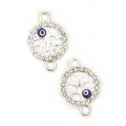 Metal connector, circle element with tree of life and evil eye and sparkling crystals around 20x14 mm hole 1.5 mm color white - 2 pieces
