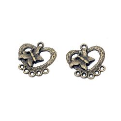 Heart shape metal  connecting bead with small butterfly 22x21x2 mm hole 2 mm color antique bronze - 5 pieces