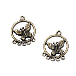 Round connecting metal bead with butterfly inside 25x20x2 mm hole 2 mm color antique bronze - 5 pieces