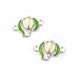 Connecting element metal tiny snowdrop white and green 20x14.5x3.5 mm hole 1.5 mm color silver - 5 pieces