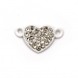 Delicate metal connecting element heart with crystals for jewelry making 19.5x11x4 mm hole 1.5 mm white - 2 pieces