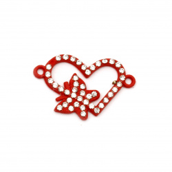 Colored in red heart with butterfly, metal connecting element with tiny crystals 24x15x2 mm hole 1.5 mm - 2 pieces