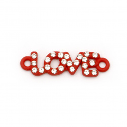 Connecting metal bead in shape of label 'Love'' with crystals  25x7x2.5 mm hole 1.5 mm red - 2 pieces