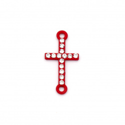 Dyed in red metal cross, connecting element with tiny crystals 21x11x2 mm hole 1.5 mm - 2 pieces