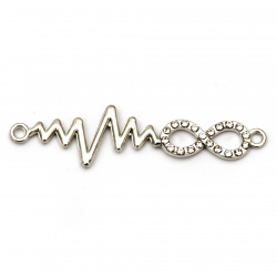 Metal connecting element infinity cardiogram with crystals 48x12x2 mm hole 1.5 mm silver - 2 pieces