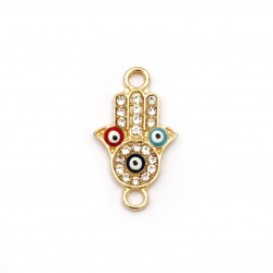 Jewelry metal findings, connecting element Fatima's hand shape with eyes and crystals 24x14x3 mm hole 1.5 mm gold - 2 pieces
