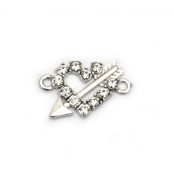 Jewelry finding, metal heart with arrow connecting element with clear crystals 22x17x2 mm hole 1.5 mm silver - 2 pieces