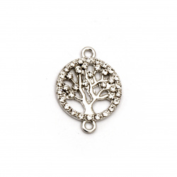 Jewelry metal findings, round connector with crystals and tree of life in the core 23x17x2 mm hole 1.5 mm silver - 2 pieces