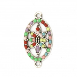 Connecting metal element oval with flower and colorful pebbles 28x15x2.5 mm hole 2 mm color silver - 2 pieces