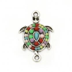 Metal connecting element turtle with colorful crystals 26x17x4 mm hole 2 mm color silver - 2 pieces