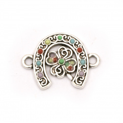 Connecting metal horseshoe with clover and color pebbles 15x20x2.5 mm hole 2 mm color silver - 2 pieces