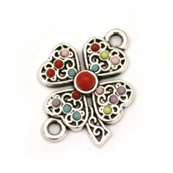 Connecting element,  metal clover with colorful pebbles 21.5x15.5x2.5 mm hole 2 mm color silver - 2 pieces