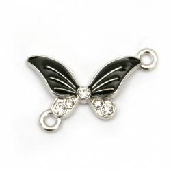 Connecting metal element with small crystals, black butterfly 25x19x3 mm hole 2 mm color silver - 5 pieces