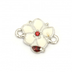 Connecting metal element flower with tiny crystals, white and red 17.5x14x2.5 mm hole 2 mm color silver - 5 pieces