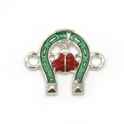 Connecting element metal green horseshoe with red ladybug  18x16.5x3 mm hole 2 mm color silver - 5 pieces