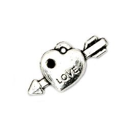 Metal pendant heart  with arrow 11x21x2 mm hole 1 mm color old silver -10 pieces