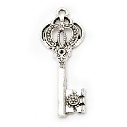 Висулка метална ключ 44x16.5x2 мм дупка 2 мм цвят старо сребро -5 броя