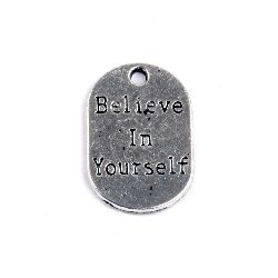 Pendant metal plate with inscription 27x18x2 mm hole 2 mm color old silver -2 pieces