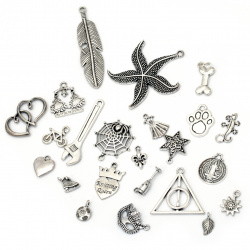 Висулка метална АСОРТЕ 10~60x5~60 мм дупка 1~9 мм цвят старо сребро -20 грама