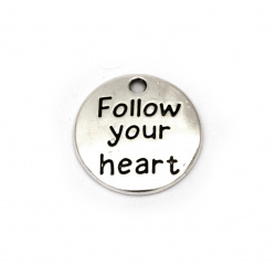 Metal Pendant with the inscription Follow your heart 20x2 mm hole 2 mm color old silver -10 pieces