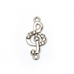 Metal connector shape of musical key with dazzling crystals 25x11x2.5 mm hole 1.5 mm silver - 2 pieces