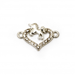 Shiny metal jewelry component - conector,  heart with crystals and unicorn 24x16x2 mm hole 1.5 mm color silver - 2 pieces