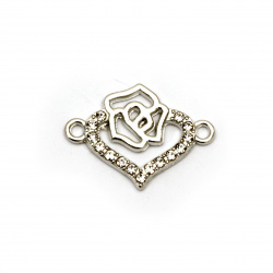 Metal fastener connecting element heart with rose and rhinestones 23x16.5x2 mm hole 1.5 mm color silver - 2 pieces