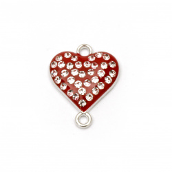 Red connecting metal element with crystals, heart shaped 20x16x4 mm hole 1.5 mm color silver - 2 pieces