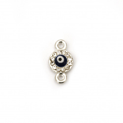 Round connecting element, metal bead with crystals and evil eye 14x7.5x3 mm hole 1.5 mm color silver - 5 pieces