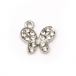 Delicate metal butterfly charm with clear crystals 19x18x2 mm hole 1.5 mm color silver - 2 pieces