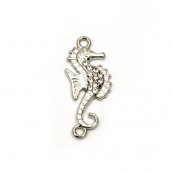 Metal connecting element seahorse with small crystals for DIY bracelets making 28x12x2.5 mm hole 1.5 mm color silver - 2 pieces