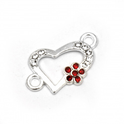 Jewelry metal findings connecting element heart with crystals for DIY bracelets, accessories making 20x11.5x2 mm hole 2 mm color silver - 2 pieces