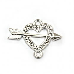 Metal jewelry components, connecting bead heart with clear crystals 24x18x2.5 mm hole 2 mm color silver - 2 pieces