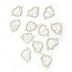 Connecting element metal heart with zodiac signs inside and crystals around 25x17x2.5 mm hole 2 mm color silver - 12 pieces