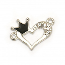 Metal jewelry fasteners - connecting element heart  with crown and crystals 23.5x17x2.5 mm hole 2 mm color silver - 5 pieces