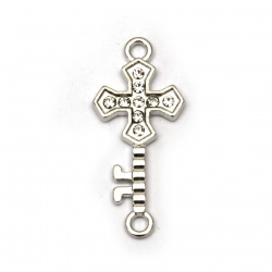 Metal connector key bead with cross and tiny crystals 28x13x2 mm hole 2 mm color silver - 5 pieces