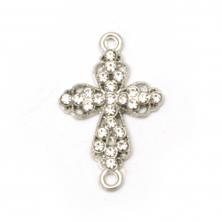Metal connecting element cross with sheeny crystals 27x17x2 mm hole 2 mm color silver - 2 pieces