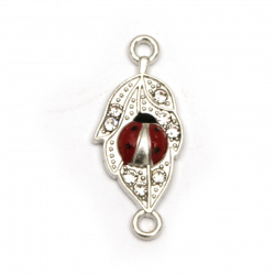 Metal leaf with ladybug, connecting element with shiny crystals 26x11x3 mm hole 2 mm color silver - 5 pieces