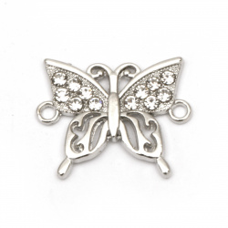 Jewelry metal findings,   butterfly openwork with crystals, connecting element 21x17x2 mm hole 1.5 mm color silver - 2 pieces