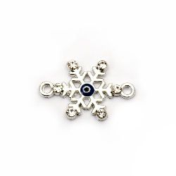 Delicate metal connecting element snowflake with small crystals and lucky blue eye 21.5x14x2.5 mm hole 2.5 mm color silver - 2 pieces