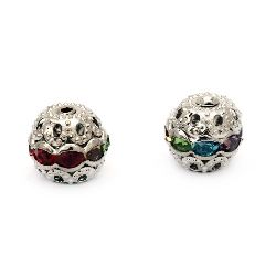 Metal ball with crystals 10 mm hole 1 mm silver color ASSORTED -5 pieces
