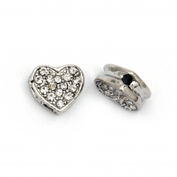 Delicate heart shape metal bead with crystals 11x12x5.5 mm hole 1 mm silver color