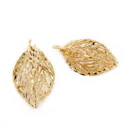 Metal element leaf charm openwork with crystals 36x20 mm hole 2 mm gold color