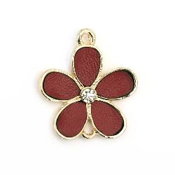Metal pendant with crystals and faux leather, red 24x28 mm hole 2 mm gold color