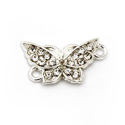 Delicate connecting metal element in butterfly shape with shimmering crystals 17.5x10x2 mm hole 1 mm color silver - 2 pieces