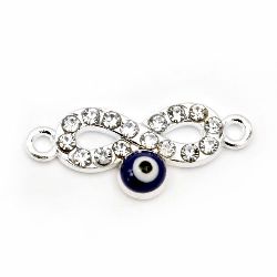 Metal Connecting Element with Crystals / Infinity Symbol with Eye, 21x10 mm, Hole: 1.5 mm, Silver