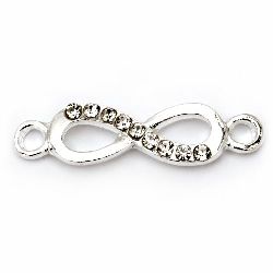 Metal connecting element infinity sign with clear crystals 28.5x8 mm hole 2 mm color silver - 2 pieces